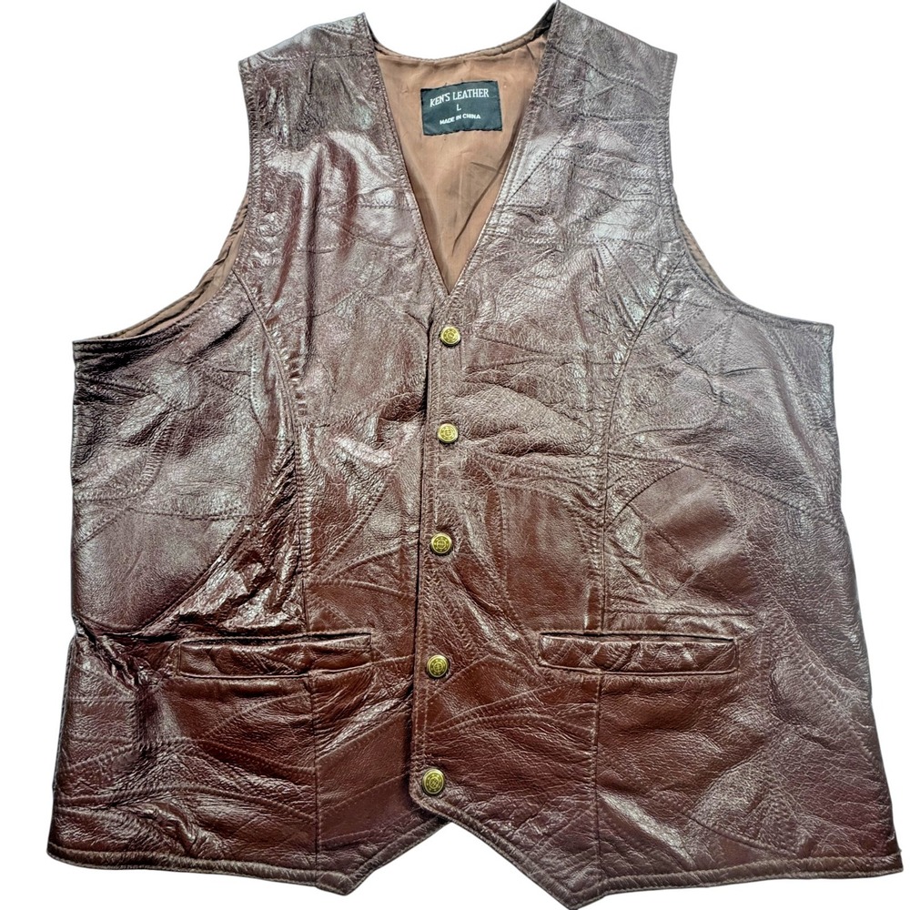 Kens Leather Patchwork Pigskin Vest Mens Large Brown Vintage Western Cowboy Bike - Picture 15 of 16